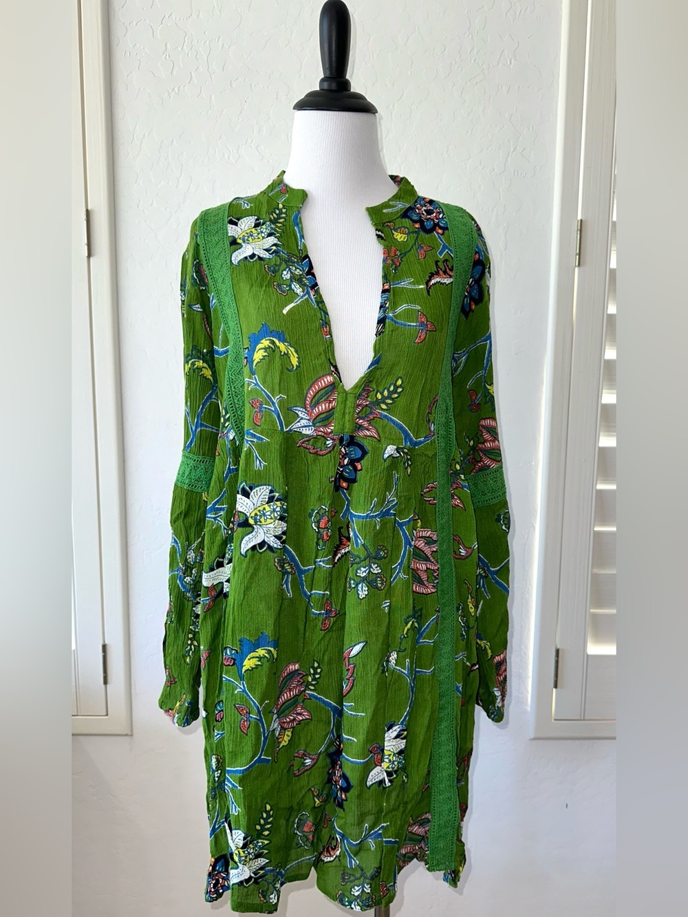 HENNA SIZE L~BREWSTERS BLOOMS MIDI GECKO GREEN FOREST DRESS~DEEP VNECK LACE TRIM
